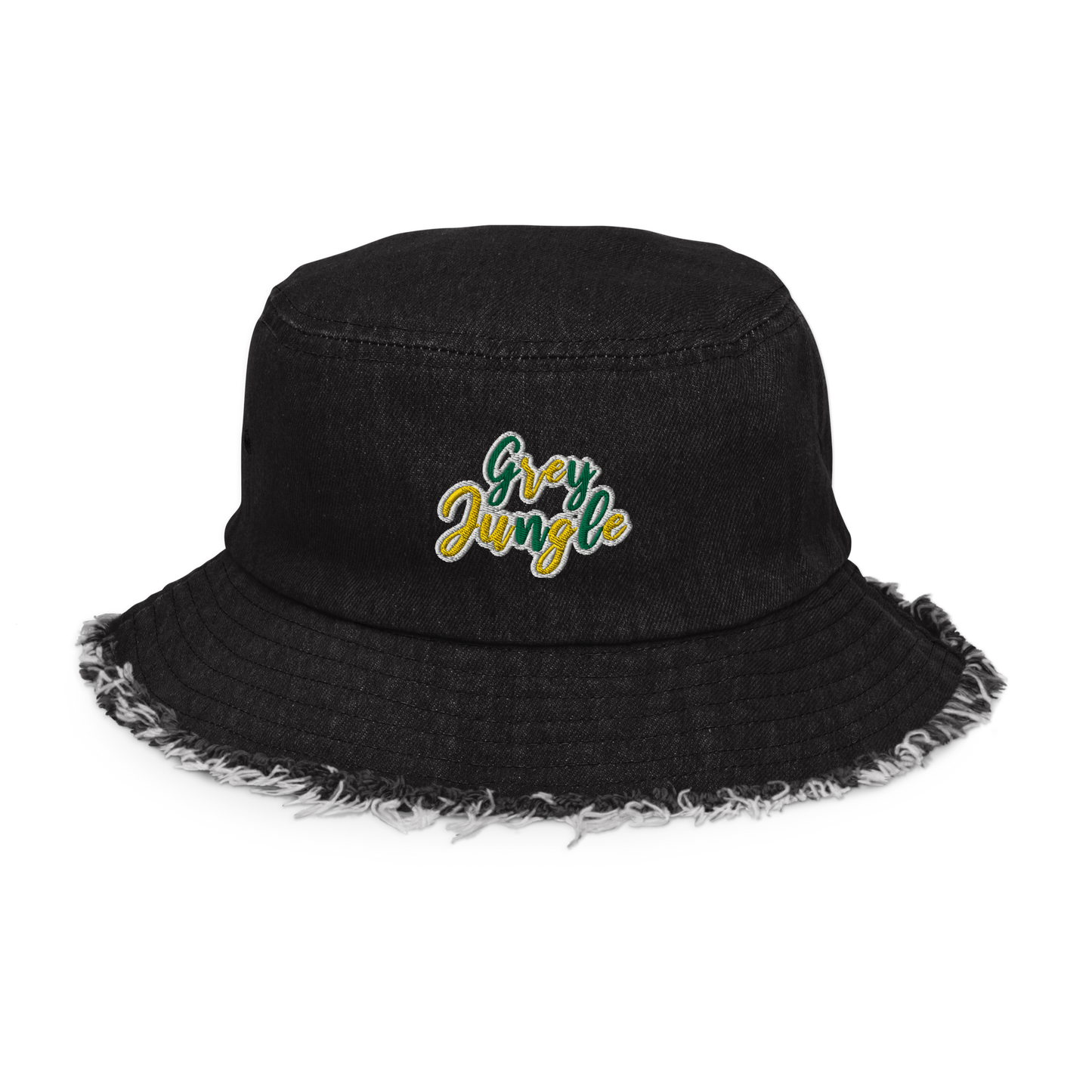 Distressed Denim Bucket Hat | 3D Puff Embroidery | Green/Gold Collection