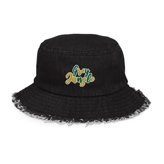 Distressed Denim Bucket Hat | 3D Puff Embroidery | Green/Gold Collection