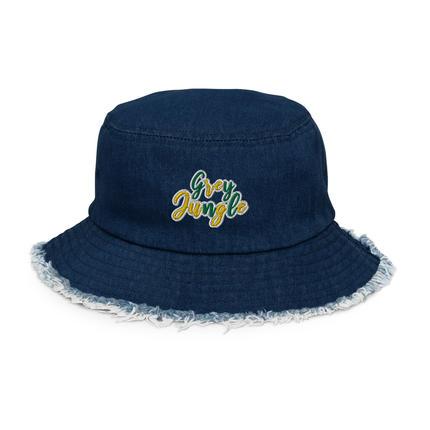 Distressed Denim Bucket Hat | 3D Puff Embroidery | Green/Gold Collection