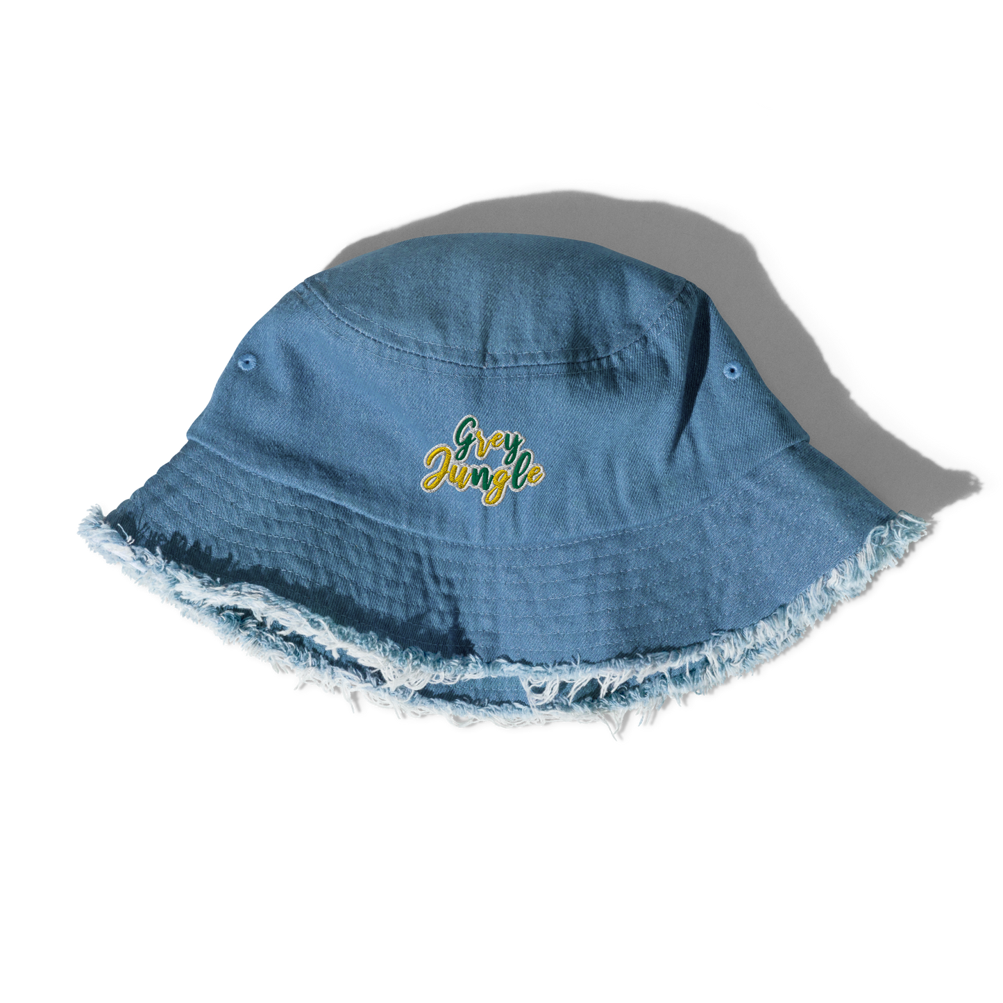 Distressed Denim Bucket Hat | 3D Puff Embroidery | Green/Gold Collection