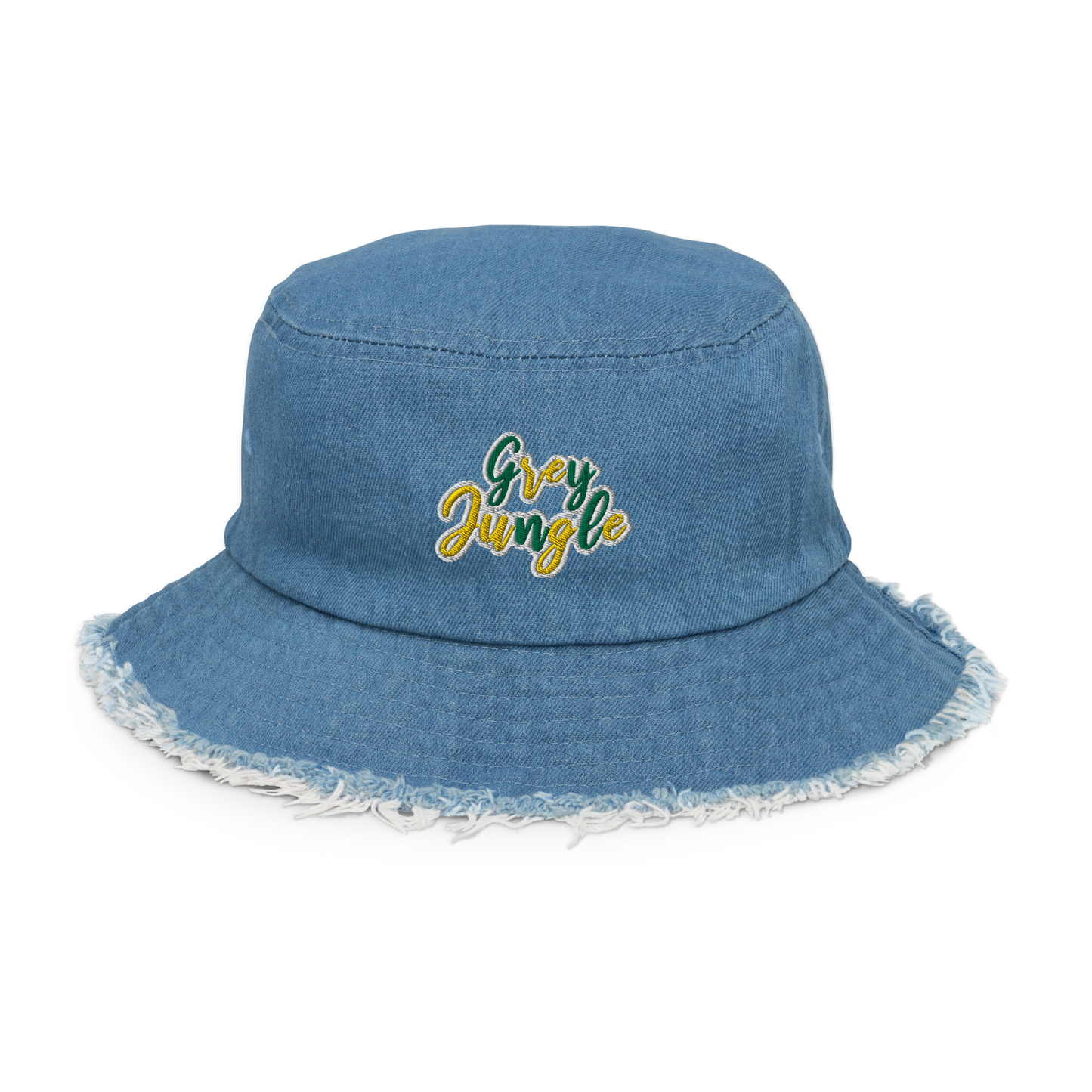 Distressed Denim Bucket Hat | 3D Puff Embroidery | Green/Gold Collection