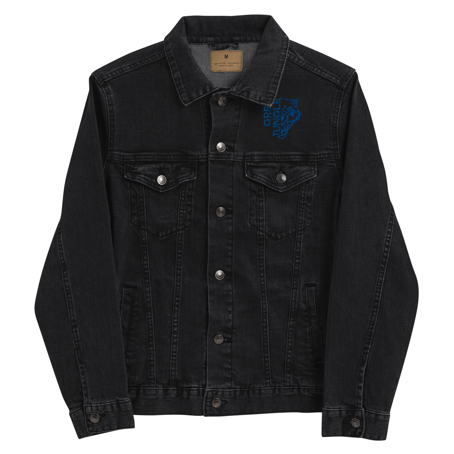 Black Denim Jacket | Royal Blue Embroidery